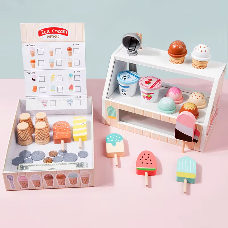 Wooden Ice Cream Counter Playset for Toddler Toys, Montessori Pretend Play Food Toys Kitchen Accessories