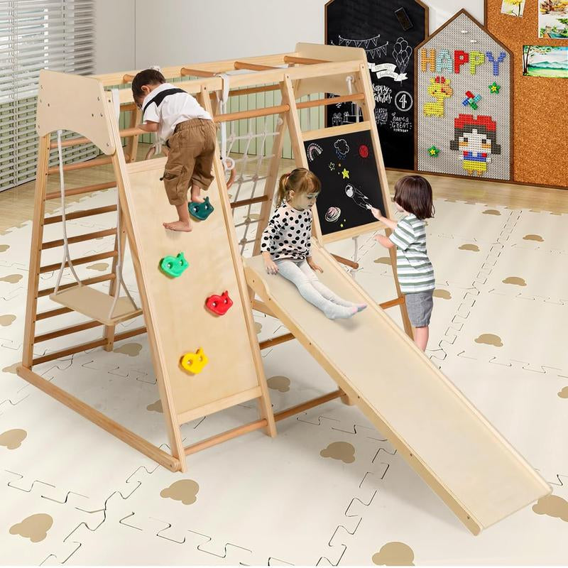 10-in-1 Wooden Climbing Playground for Kids with Drawing Board, Slide, Climbing Features, and Gymnastic Accessories - Indoor Rainbow Jungle Gym Set