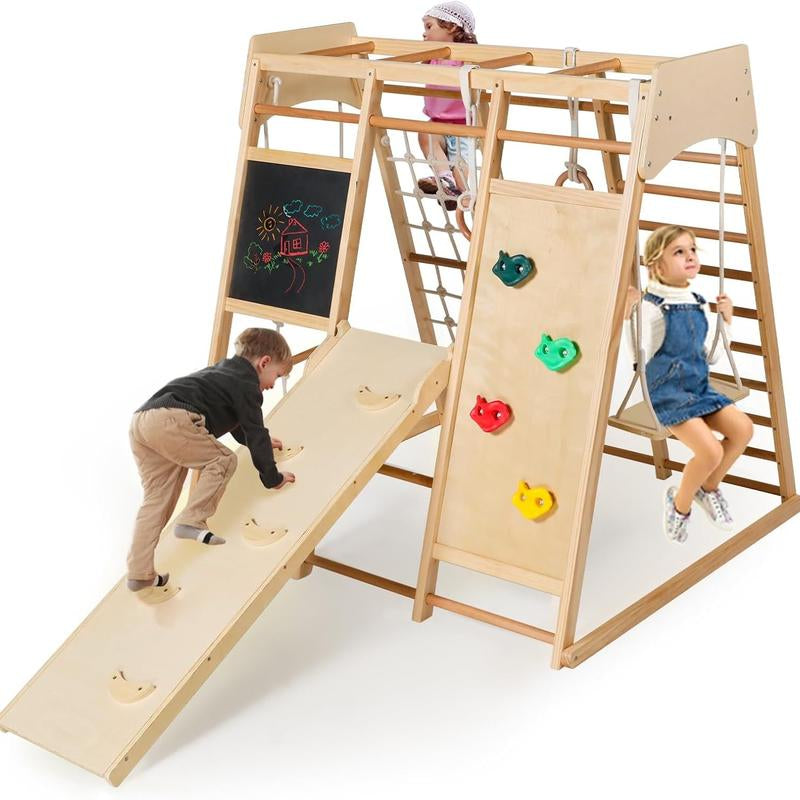 10-in-1 Wooden Climbing Playground for Kids with Drawing Board, Slide, Climbing Features, and Gymnastic Accessories - Indoor Rainbow Jungle Gym Set