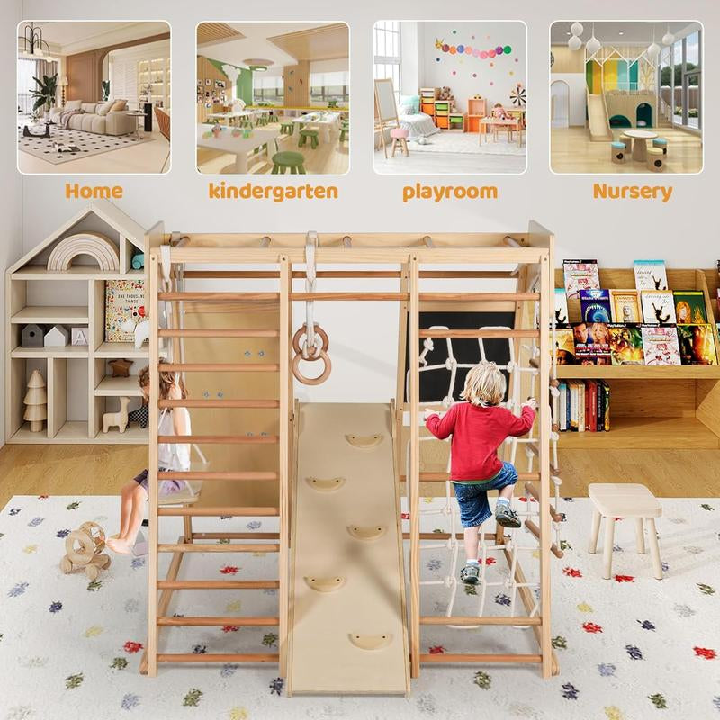 10-in-1 Wooden Climbing Playground for Kids with Drawing Board, Slide, Climbing Features, and Gymnastic Accessories - Indoor Rainbow Jungle Gym Set