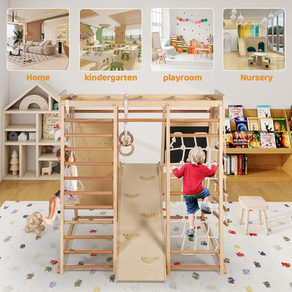 10-in-1 Wooden Climbing Playground for Kids with Drawing Board, Slide, Climbing Features, and Gymnastic Accessories - Indoor Rainbow Jungle Gym Set