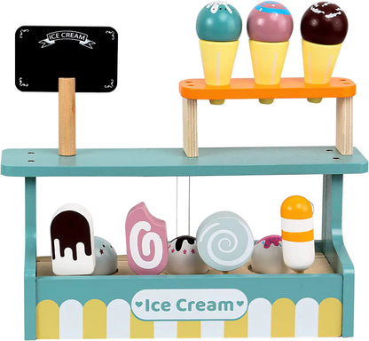 Wooden Ice Cream Counter Playset for Toddler Toys, Montessori Pretend Play Food Toys Kitchen Accessories