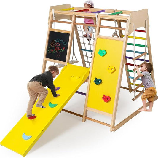 10-in-1 Wooden Climbing Playground for Kids with Drawing Board, Slide, Climbing Features, and Gymnastic Accessories - Indoor Rainbow Jungle Gym Set