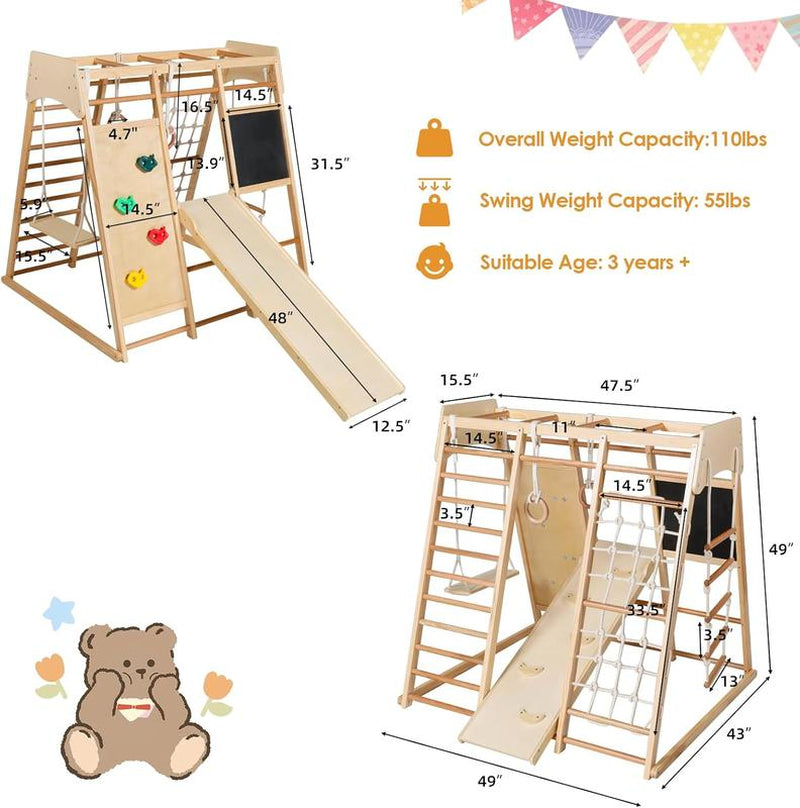 10-in-1 Wooden Climbing Playground for Kids with Drawing Board, Slide, Climbing Features, and Gymnastic Accessories - Indoor Rainbow Jungle Gym Set