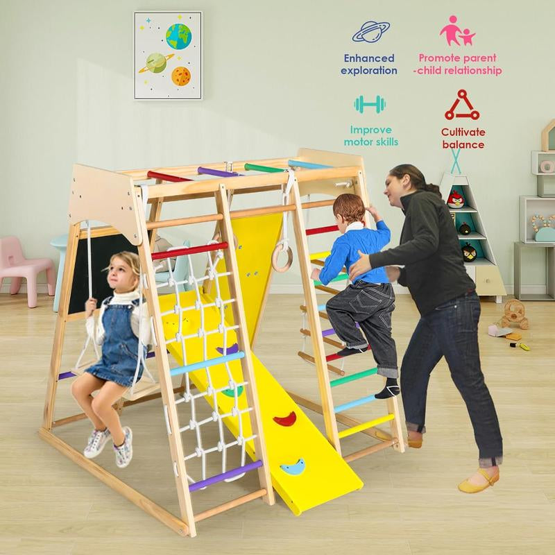 10-in-1 Wooden Climbing Playground for Kids with Drawing Board, Slide, Climbing Features, and Gymnastic Accessories - Indoor Rainbow Jungle Gym Set