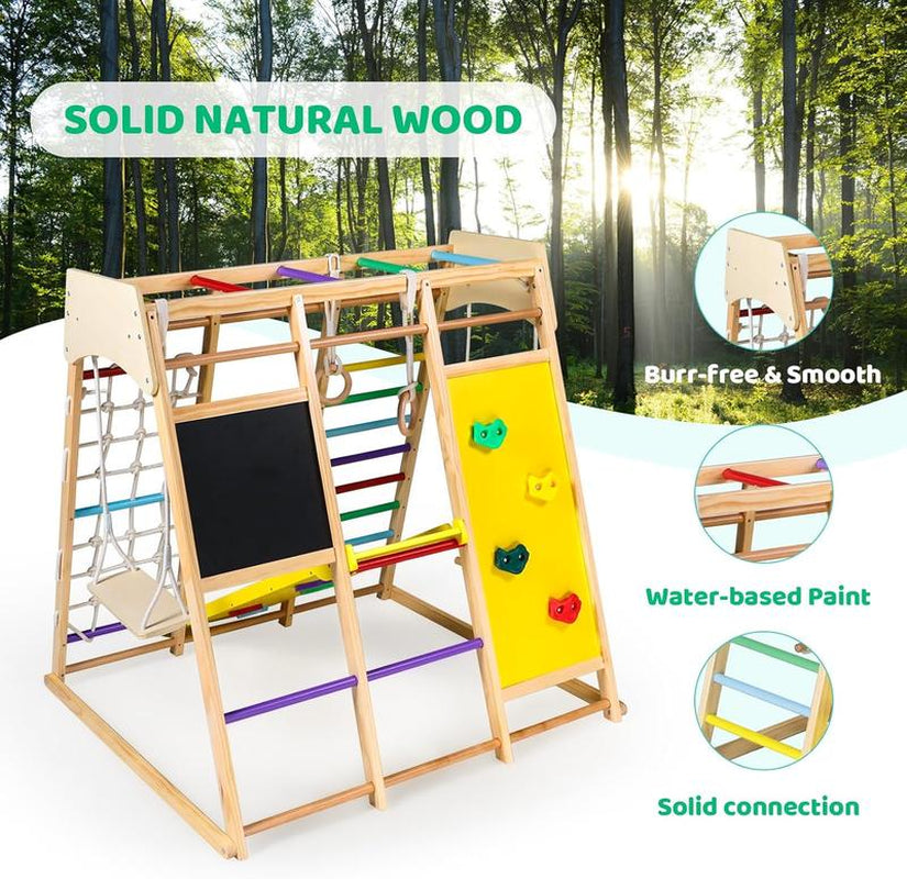 10-in-1 Wooden Climbing Playground for Kids with Drawing Board, Slide, Climbing Features, and Gymnastic Accessories - Indoor Rainbow Jungle Gym Set
