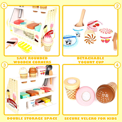 Wooden Ice Cream Counter Playset for Toddler Toys, Montessori Pretend Play Food Toys Kitchen Accessories
