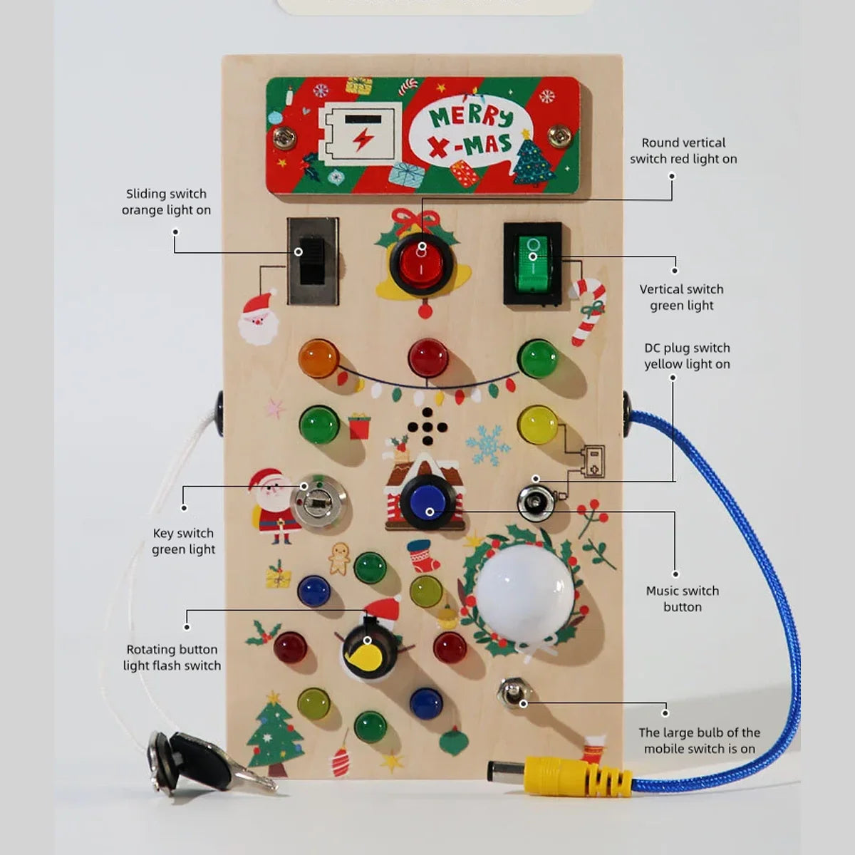 Wooden Sensory Training Toy For Children, Mini Busy Board, LED Lights/Switch Control, Early Learning Educational, Baby Gift