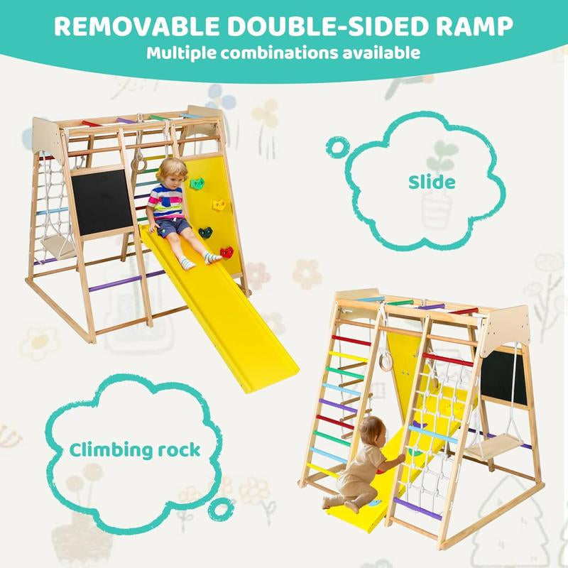 10-in-1 Wooden Climbing Playground for Kids with Drawing Board, Slide, Climbing Features, and Gymnastic Accessories - Indoor Rainbow Jungle Gym Set