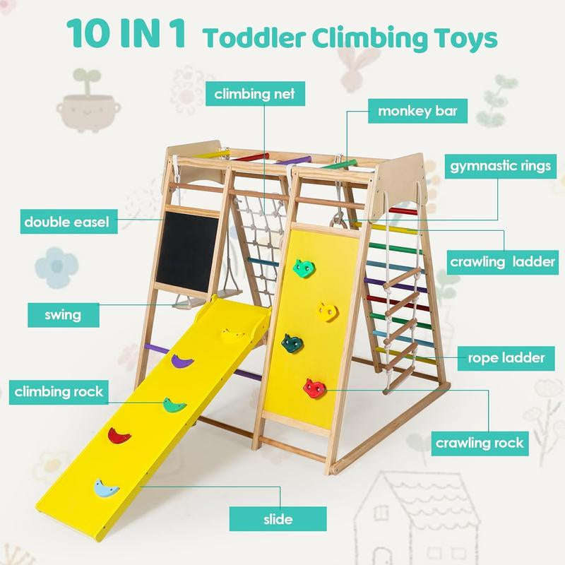 10-in-1 Wooden Climbing Playground for Kids with Drawing Board, Slide, Climbing Features, and Gymnastic Accessories - Indoor Rainbow Jungle Gym Set
