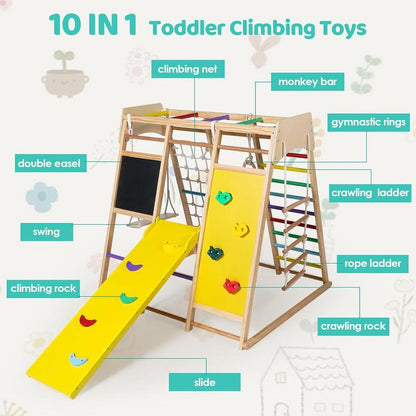 10-in-1 Wooden Climbing Playground for Kids with Drawing Board, Slide, Climbing Features, and Gymnastic Accessories - Indoor Rainbow Jungle Gym Set