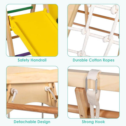 10-in-1 Wooden Climbing Playground for Kids with Drawing Board, Slide, Climbing Features, and Gymnastic Accessories - Indoor Rainbow Jungle Gym Set